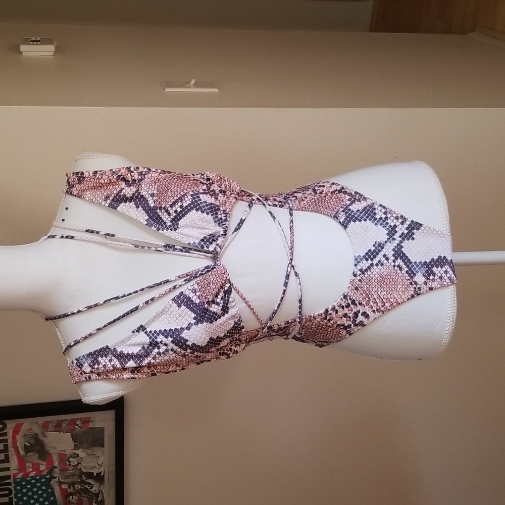 Sexy Reptile Print One Piece Exposed Back & Stomach Long Strap Thong
